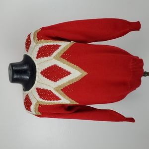 Vintage Dana Scott Embellished Red White Gold beaded sweater women size M